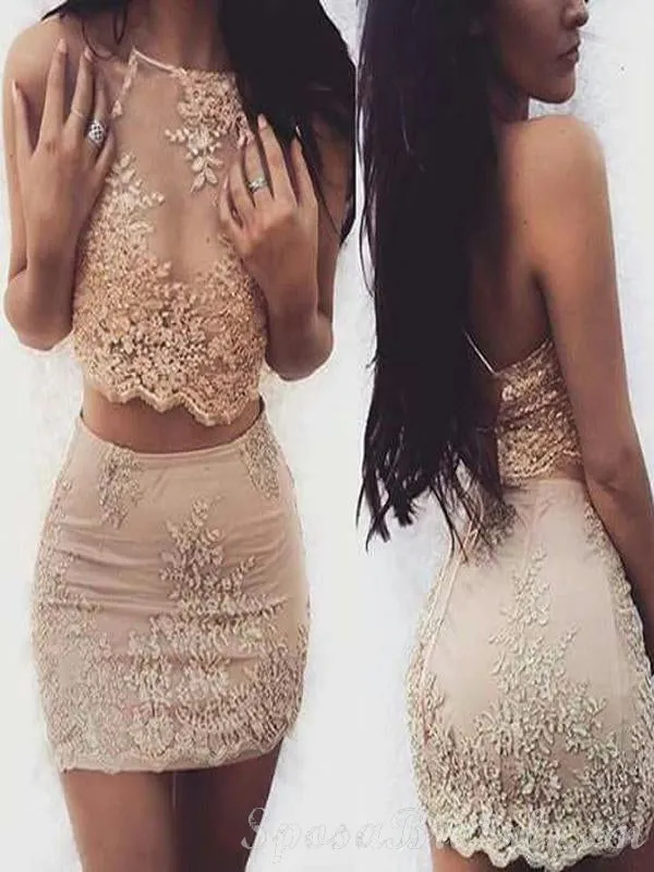 Two Piece Lace Appliques Unique Design Homecoming Dresses, Modern Short Prom Dress,BD0420
