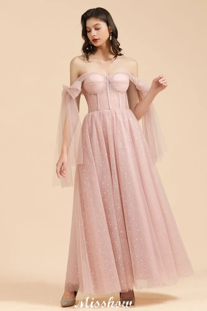 V-Neck Ruffle Chffion Sleeves Aline Bridesmaid Dress Dusty Pink Wedding party Dress