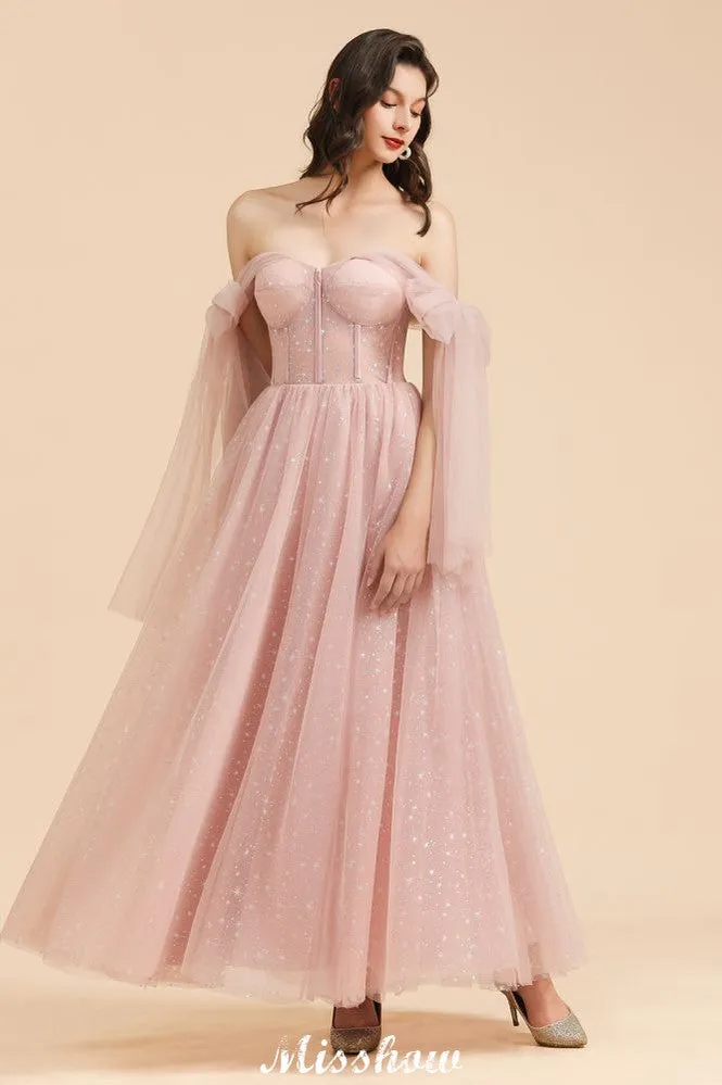 V-Neck Ruffle Chffion Sleeves Aline Bridesmaid Dress Dusty Pink Wedding party Dress