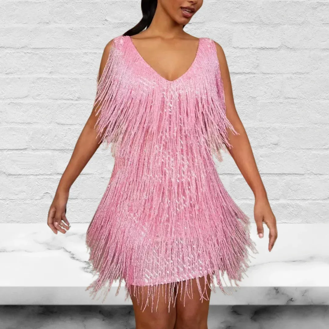 V Neck Sleeveless Tassel Fringe Mini Dress