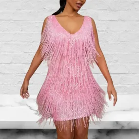 V Neck Sleeveless Tassel Fringe Mini Dress