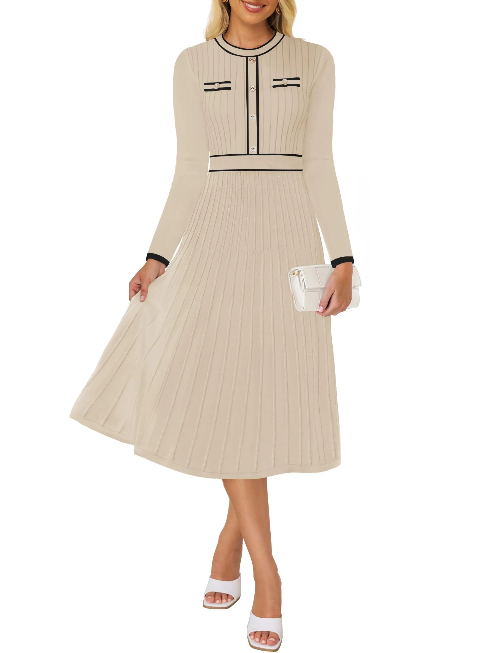 ZESICA Pleated Sweater Crewneck Ribbed Knitted Midi Dresses