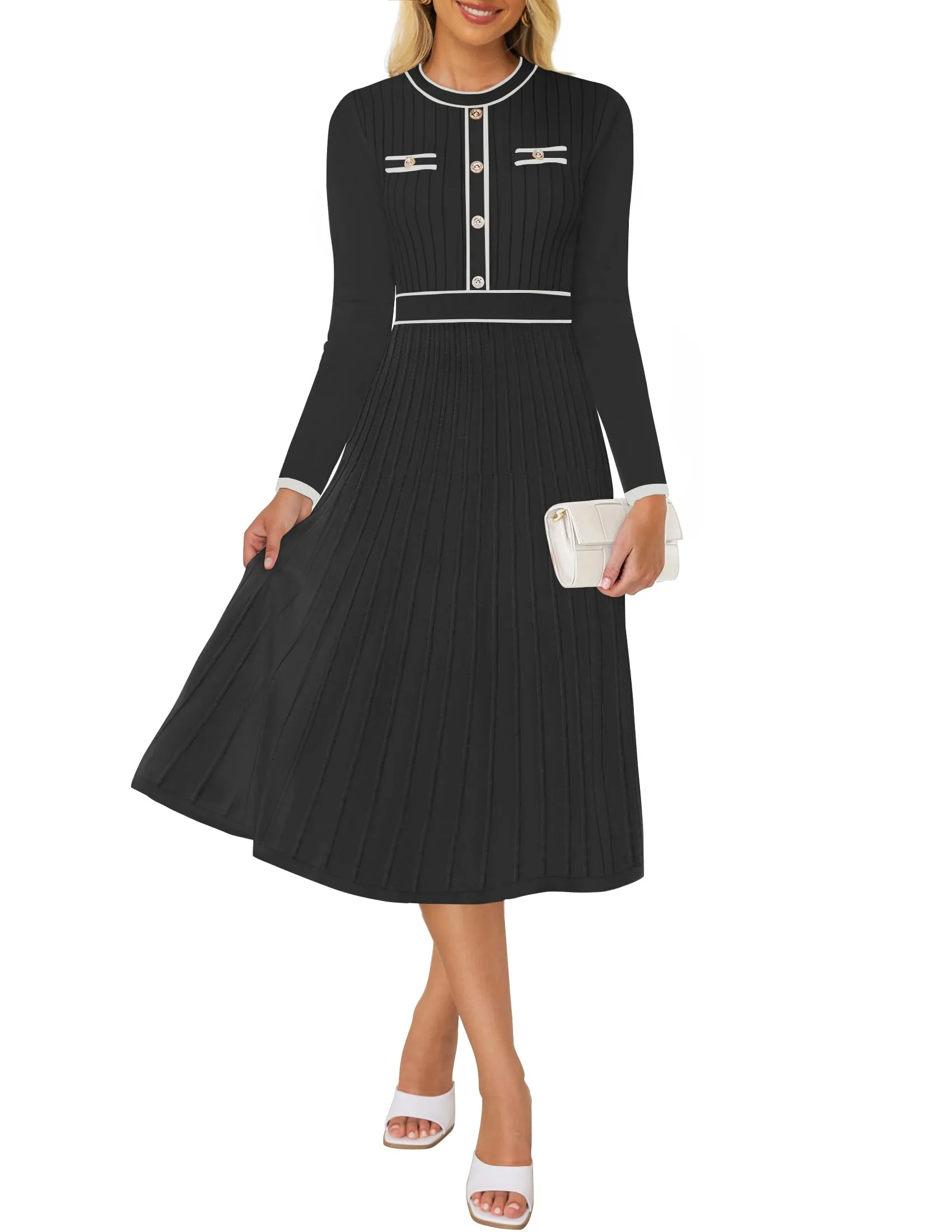 ZESICA Pleated Sweater Crewneck Ribbed Knitted Midi Dresses