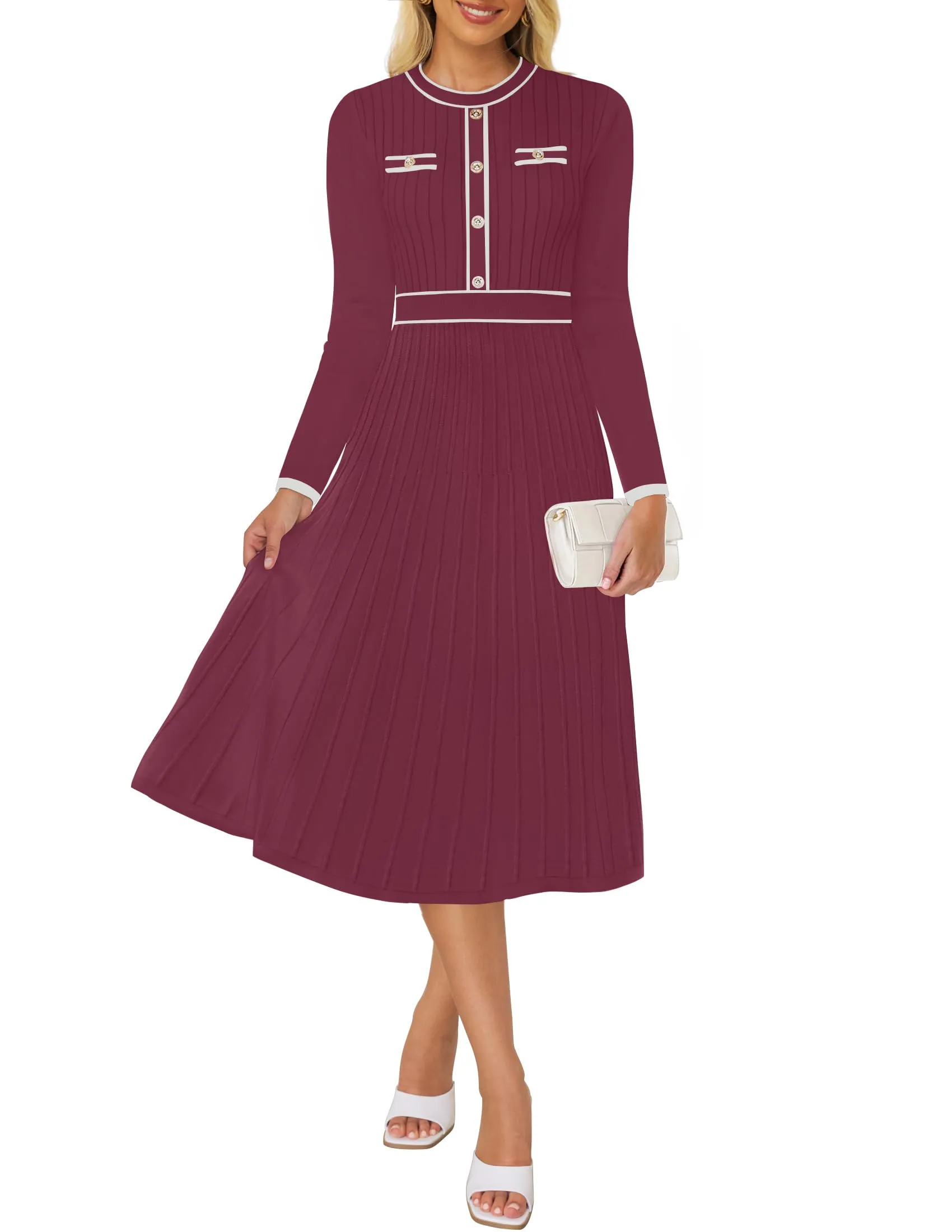 ZESICA Pleated Sweater Crewneck Ribbed Knitted Midi Dresses