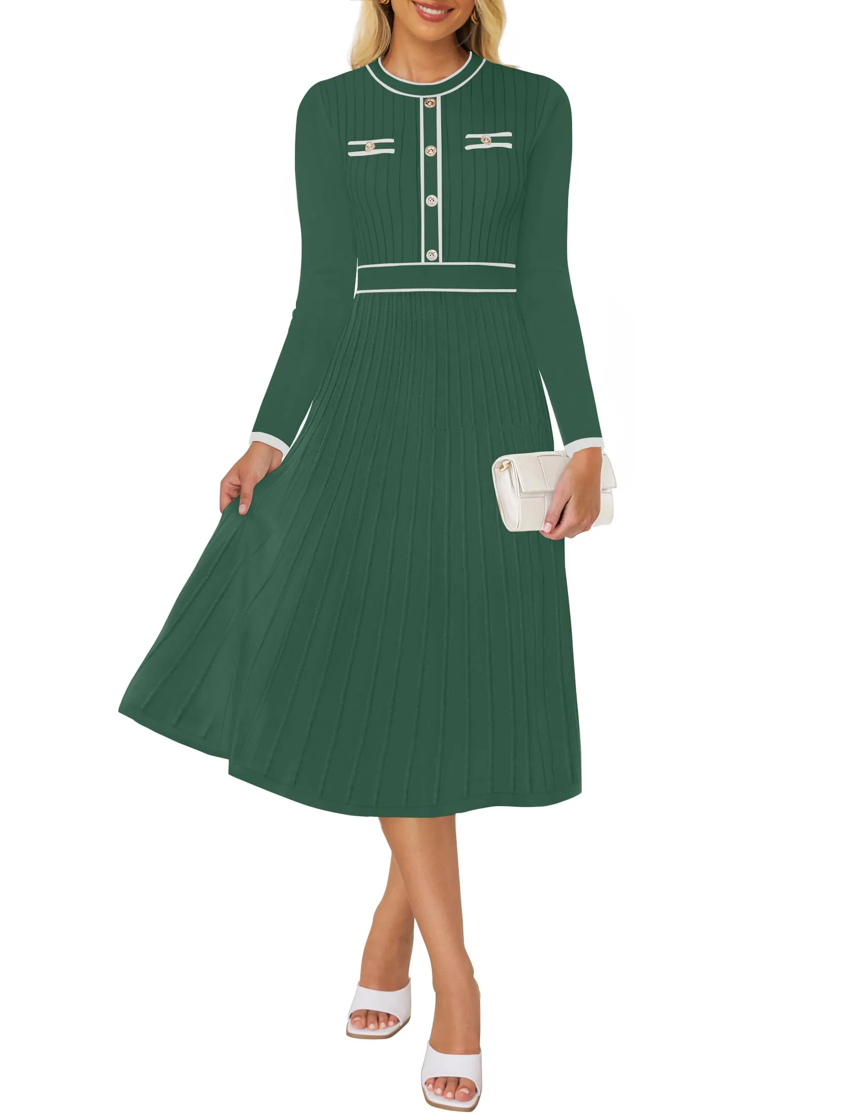 ZESICA Pleated Sweater Crewneck Ribbed Knitted Midi Dresses