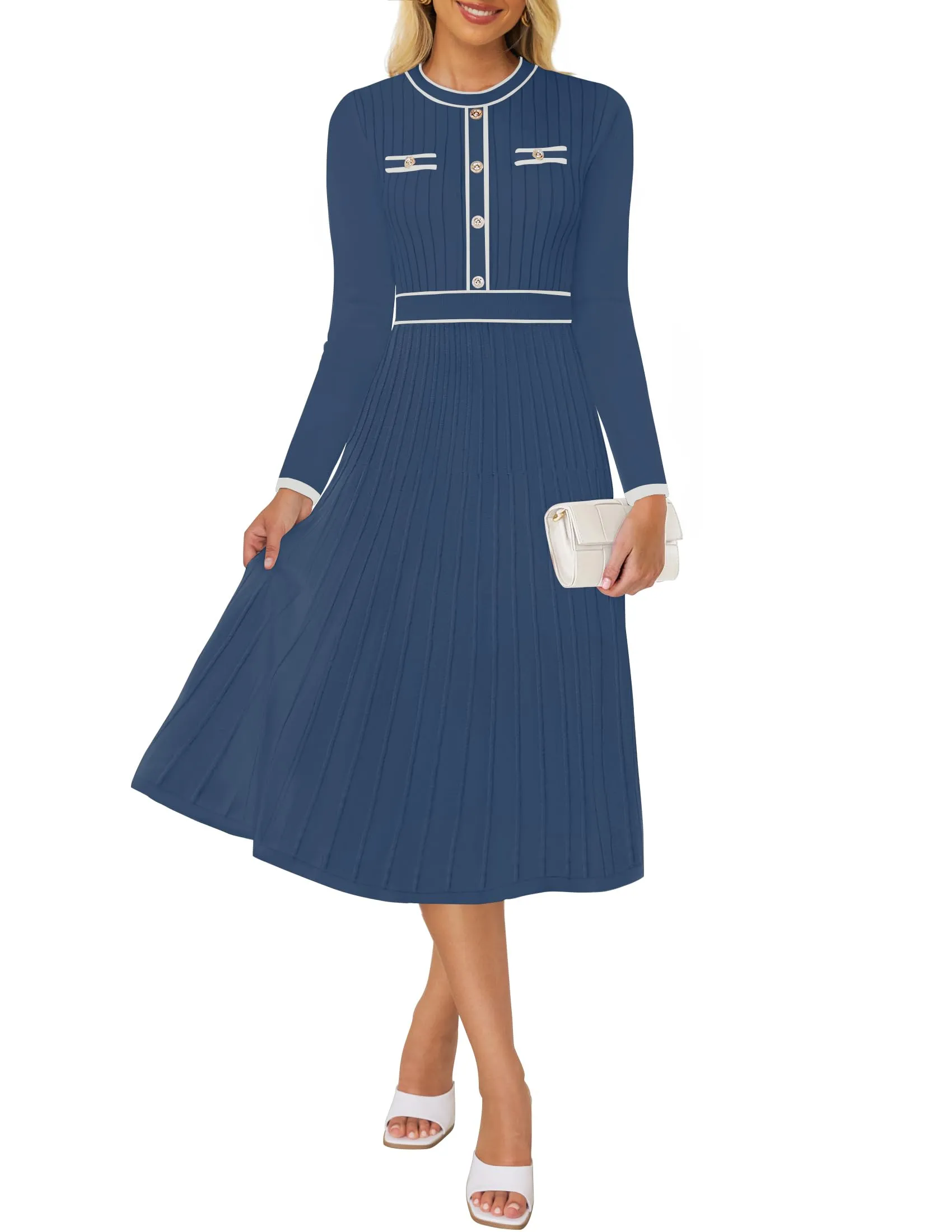 ZESICA Pleated Sweater Crewneck Ribbed Knitted Midi Dresses